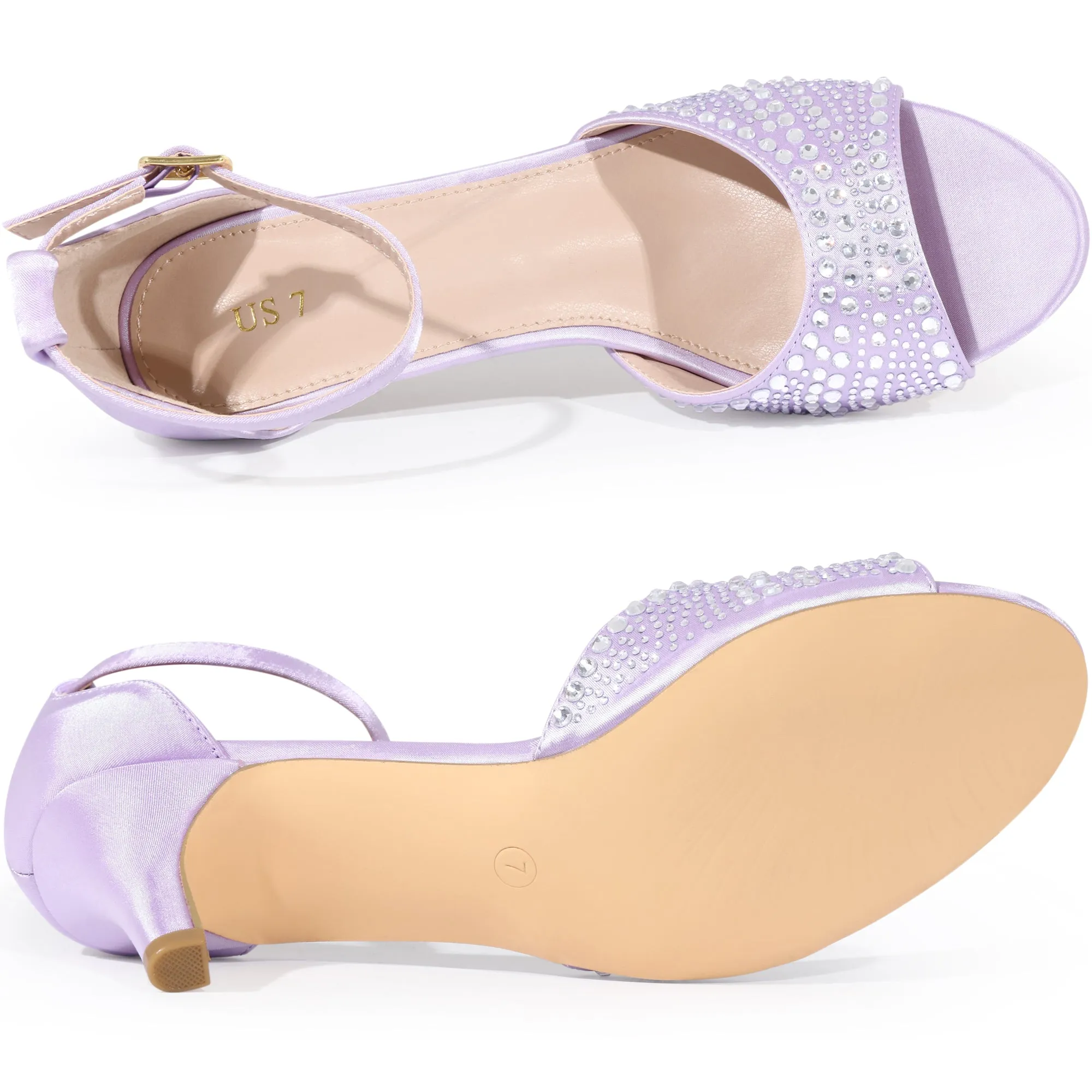 Women's Rhinestone Ankle Strap Kitten Heel Satin Sandals