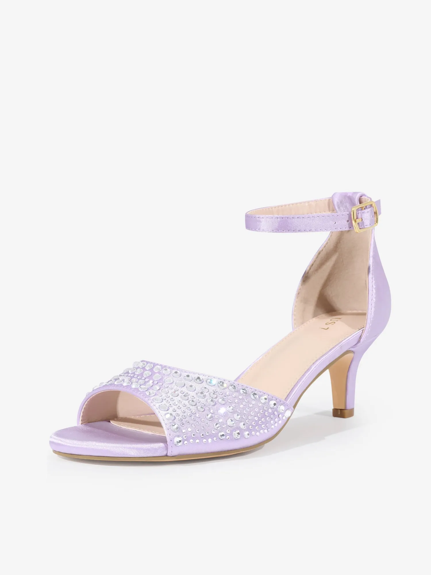 Women's Rhinestone Ankle Strap Kitten Heel Satin Sandals