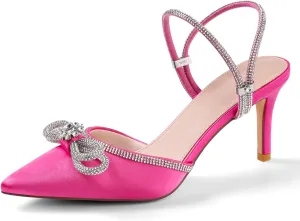 Women's Rhinestone Bow Heels Adjustable Strap Pointed Toe High Heels Pumps,Sparkly Satin Stilettos,Wedding Bridal Dress Heeled Sandals.