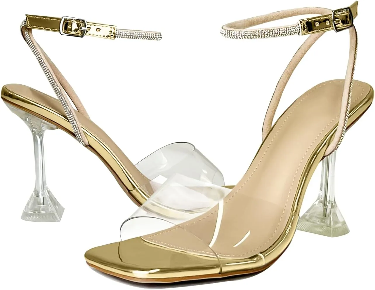 Women's Rhinestones Strap Heels Ankle Strappy Heels for Women Sandals Clasp Joint Buckle Stilettos Sandals