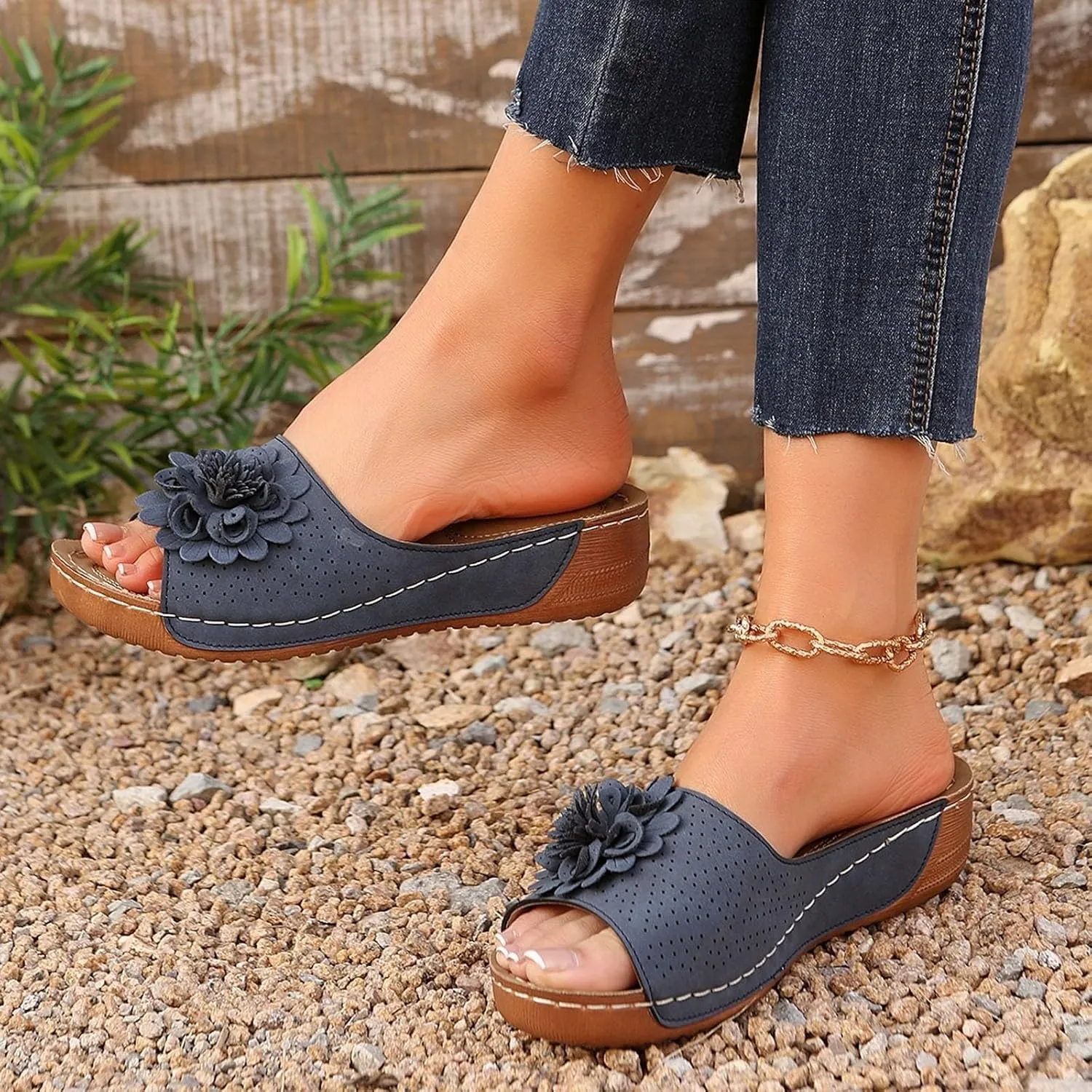 Womens Sandals 2025 Wedge Sandals Summer Beach Sandal Low Open Toe Ladies Boho Slip on Comfortable Flower Shoes Fashion Trendy Dressy Walking Sandal 2025