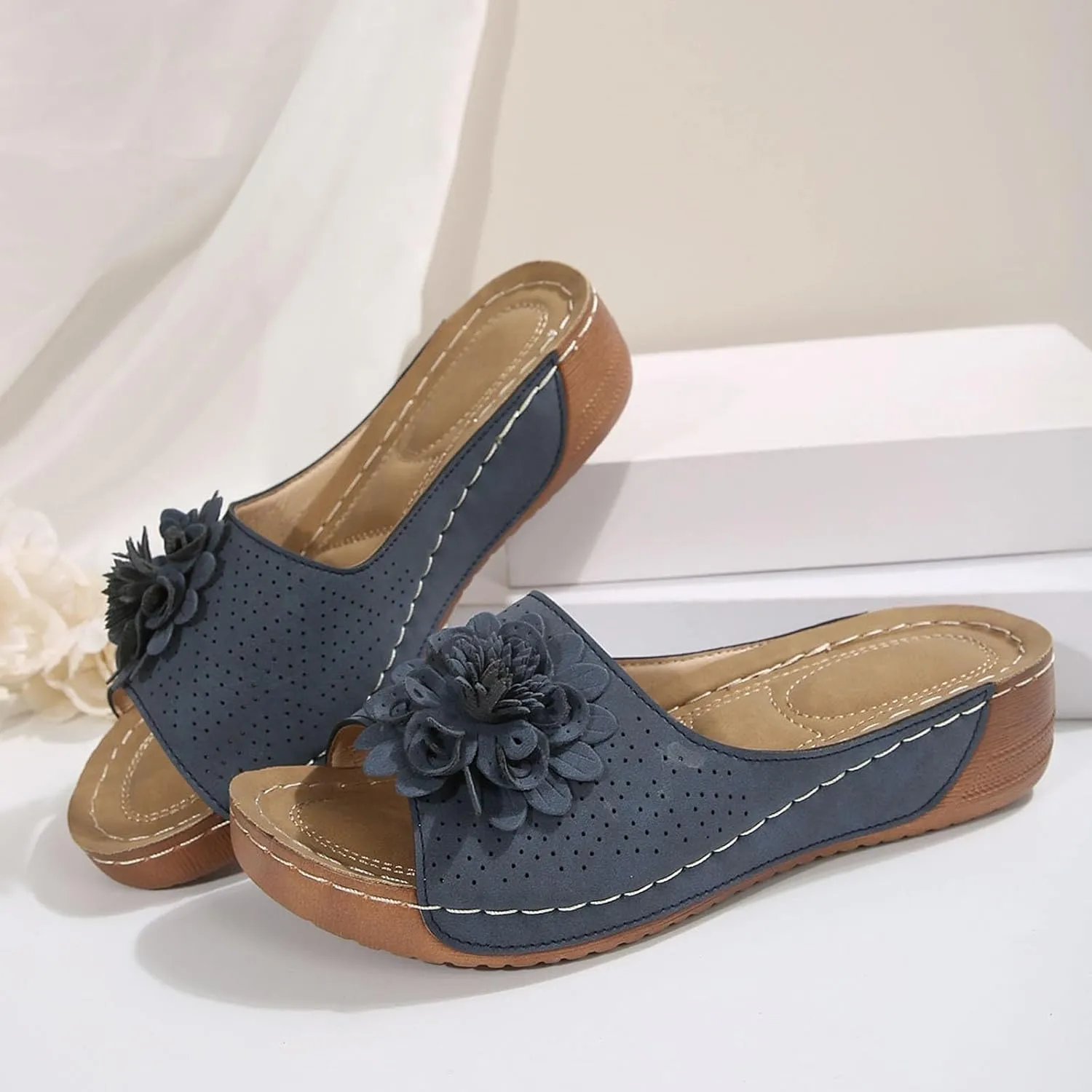 Womens Sandals 2025 Wedge Sandals Summer Beach Sandal Low Open Toe Ladies Boho Slip on Comfortable Flower Shoes Fashion Trendy Dressy Walking Sandal 2025