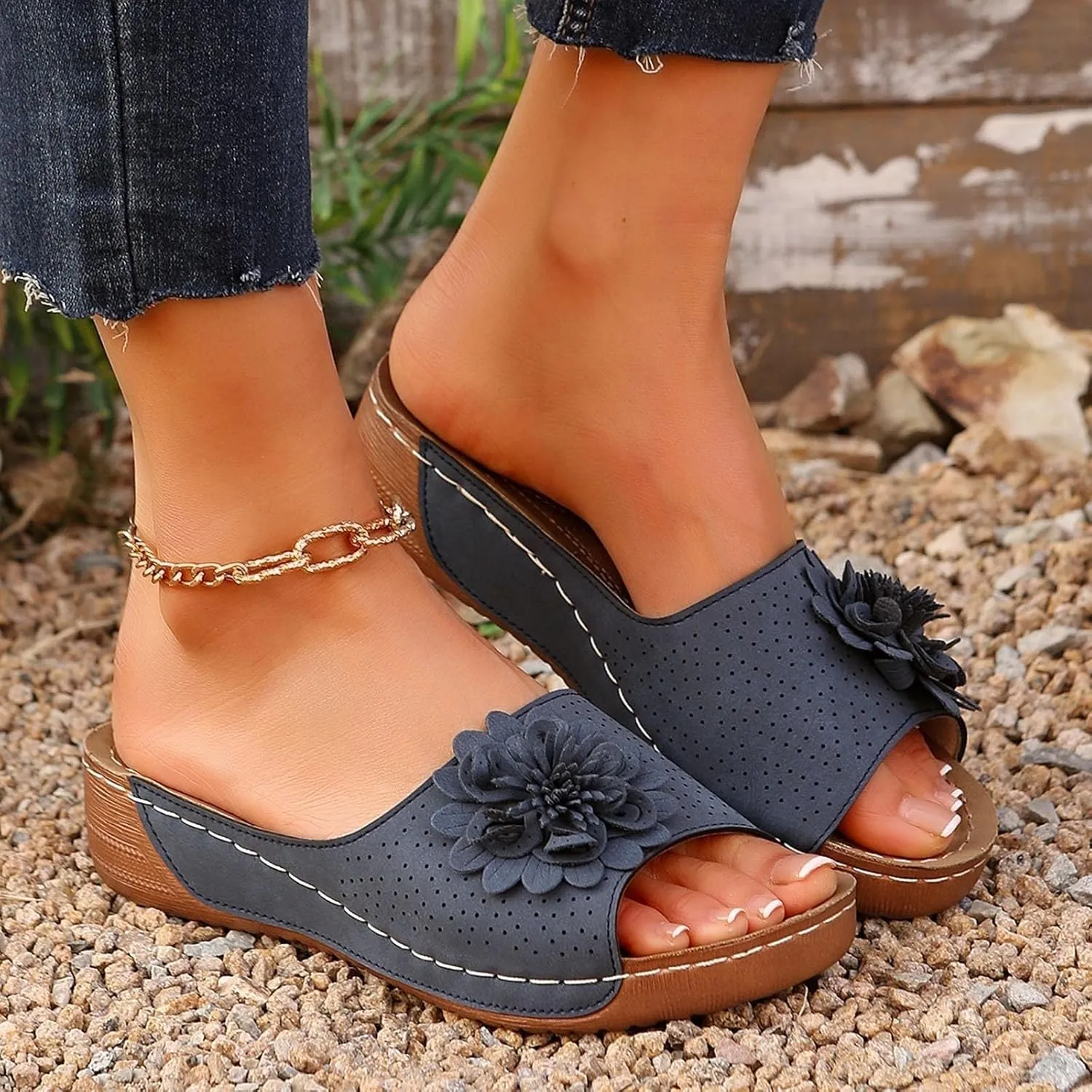 Womens Sandals 2025 Wedge Sandals Summer Beach Sandal Low Open Toe Ladies Boho Slip on Comfortable Flower Shoes Fashion Trendy Dressy Walking Sandal 2025