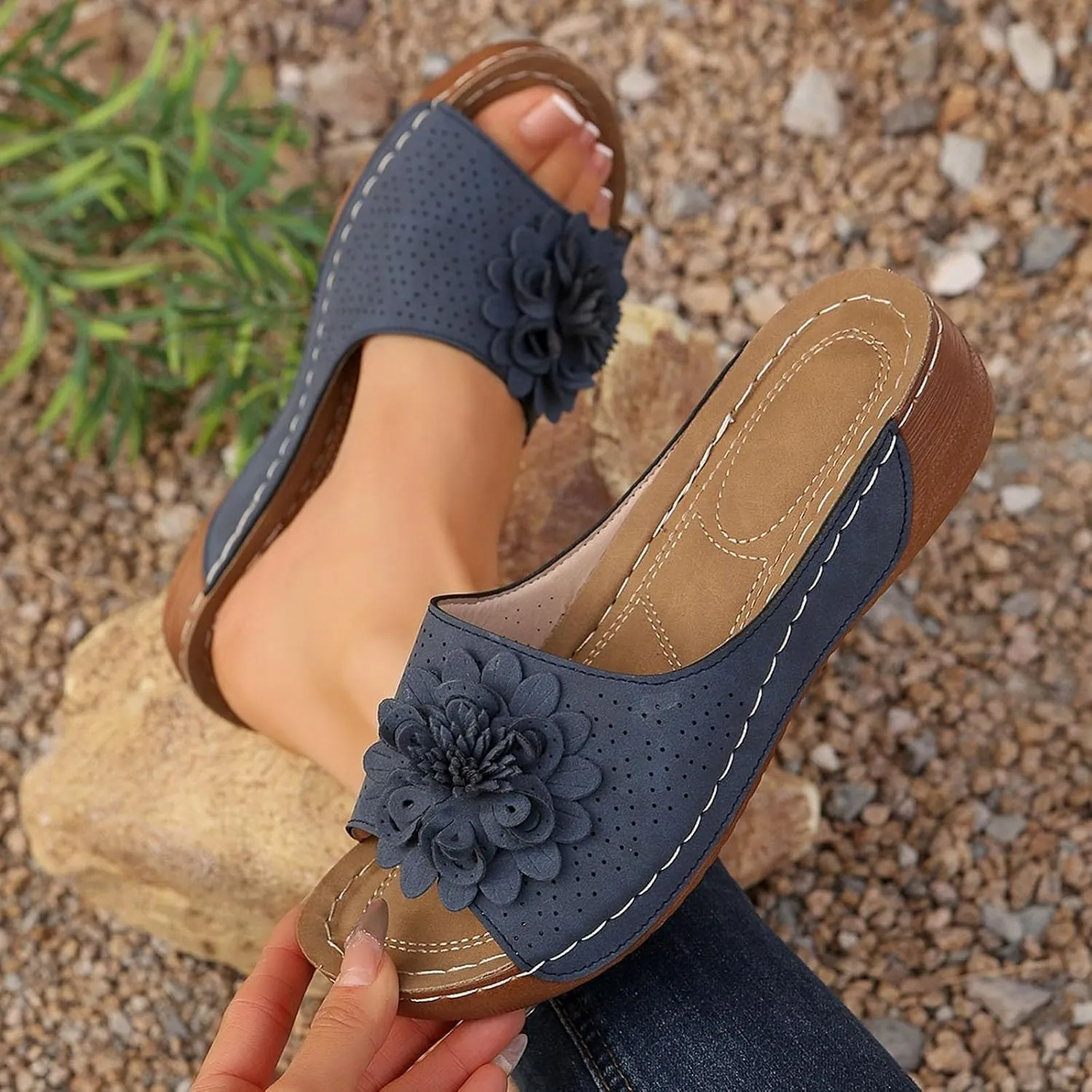 Womens Sandals 2025 Wedge Sandals Summer Beach Sandal Low Open Toe Ladies Boho Slip on Comfortable Flower Shoes Fashion Trendy Dressy Walking Sandal 2025