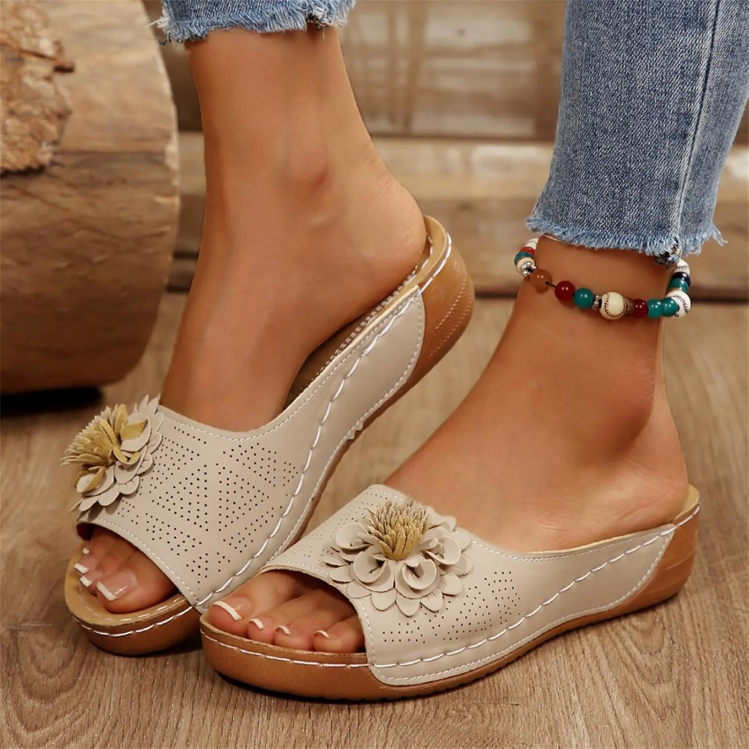 Womens Sandals Summer Orthopedic Wedge Sandals for Women Flowers Slip on Slides Sandal Dressy Low Open Toe Slides Ladies Shoes Thick Cushion Slippers Flower Sandal Footbed Platform Shoes 2025