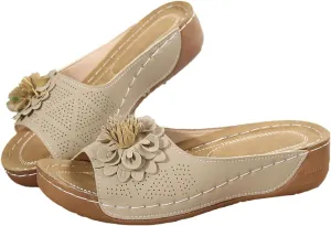 Womens Sandals Summer Orthopedic Wedge Sandals for Women Flowers Slip on Slides Sandal Dressy Low Open Toe Slides Ladies Shoes Thick Cushion Slippers Flower Sandal Footbed Platform Shoes 2025