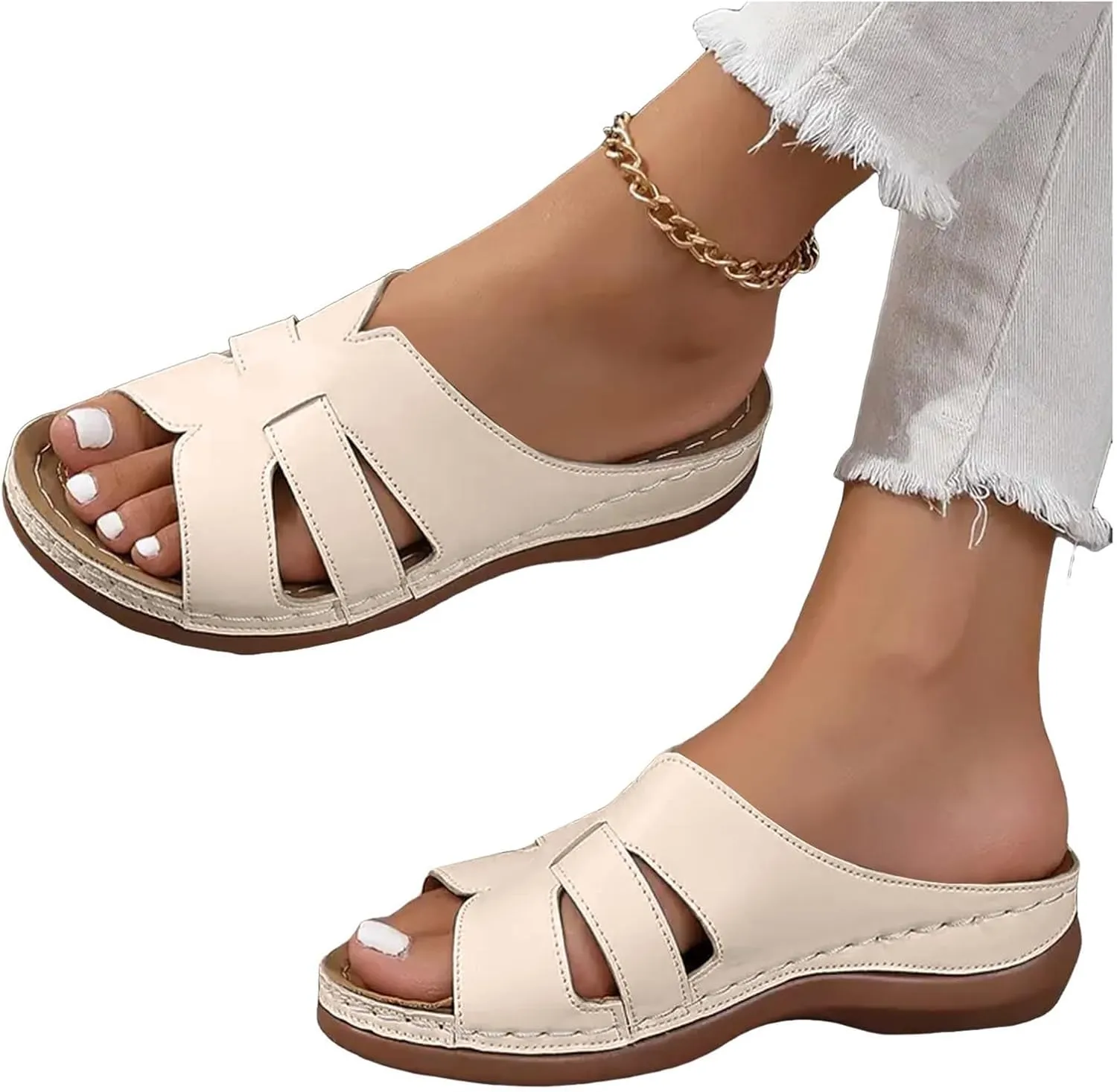 Womens Sandals Wedge Comfortable Platform Orthopedic Wedge Sandals with Arch Support Slip On Open Toe Slippers Slides Casual Summer Dressy Walking Beach Slippers Hollow Out Shoes