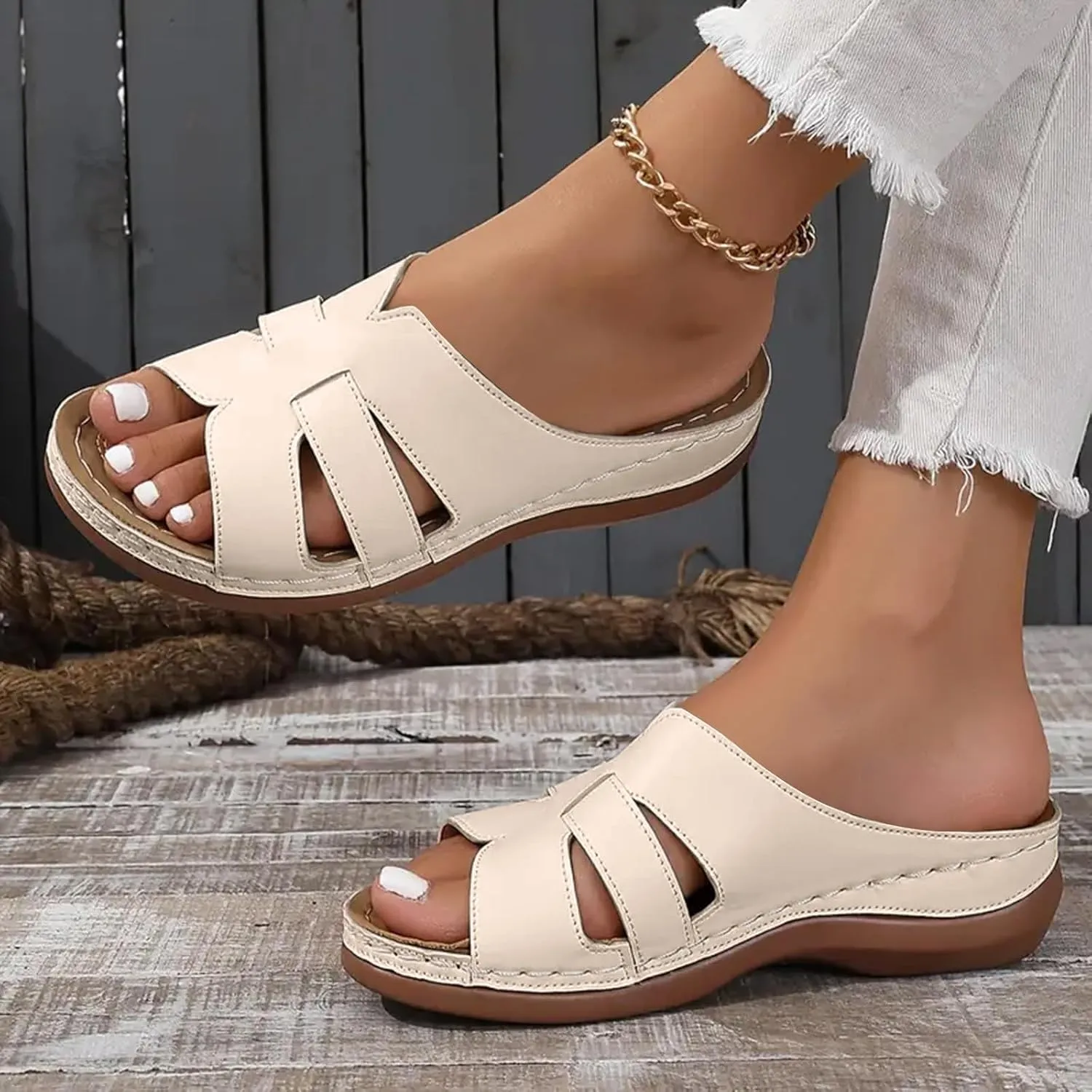 Womens Sandals Wedge Comfortable Platform Orthopedic Wedge Sandals with Arch Support Slip On Open Toe Slippers Slides Casual Summer Dressy Walking Beach Slippers Hollow Out Shoes