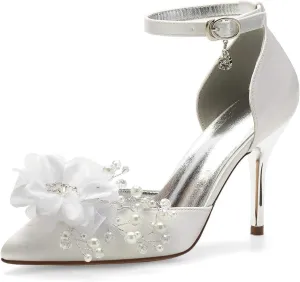 Womens Wedding Shoes Wedding Shoes for Women Satin Ankle Strap Pointed Toe 9CM Stiletto Heeled Court Pumps Flower with Pearl Evening Dress Sandals,Ivory,8(Ivory,11/US)