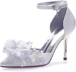 Womens Wedding Shoes Wedding Shoes for Women Satin Ankle Strap Pointed Toe 9CM Stiletto Heeled Court Pumps Flower with Pearl Evening Dress Sandals,Ivory,8(White,5/US)