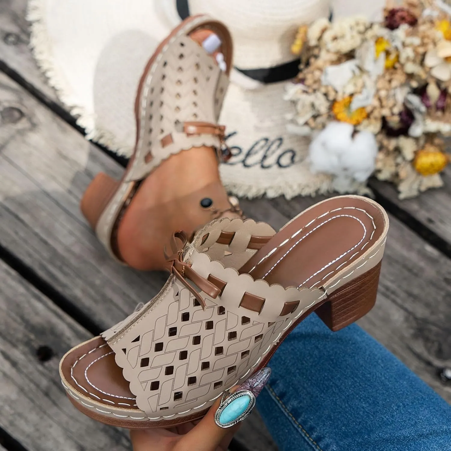 Womens Wedge Slippers with Arch Support Open Toe Hollow Out Platform Sandals Comfortable Dressy Arch Support Low Heel Breathable Shoes