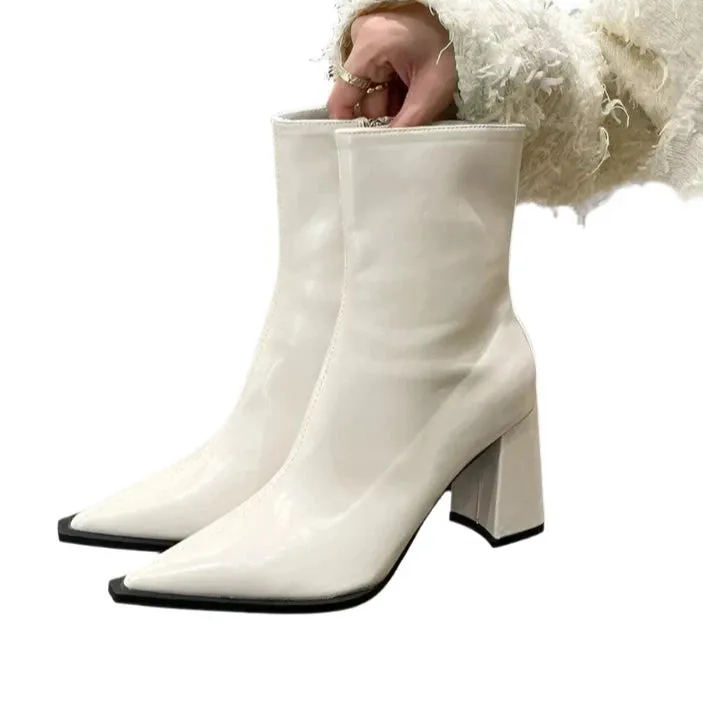Women's Winter Designer Ankle Boots - Pointed Toe, Back Zipper, High Heel Elegant Plush Short Boots