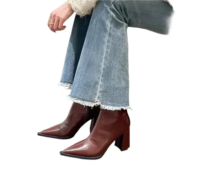 Women's Winter Designer Ankle Boots - Pointed Toe, Back Zipper, High Heel Elegant Plush Short Boots