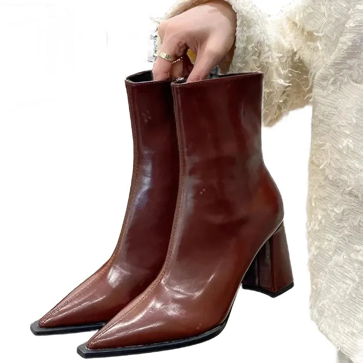 Women's Winter Designer Ankle Boots - Pointed Toe, Back Zipper, High Heel Elegant Plush Short Boots
