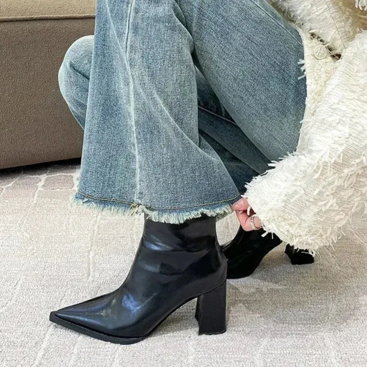 Women's Winter Designer Ankle Boots - Pointed Toe, Back Zipper, High Heel Elegant Plush Short Boots