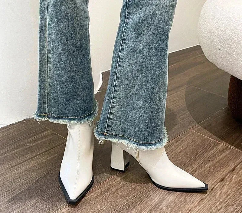 Women's Winter Designer Ankle Boots - Pointed Toe, Back Zipper, High Heel Elegant Plush Short Boots