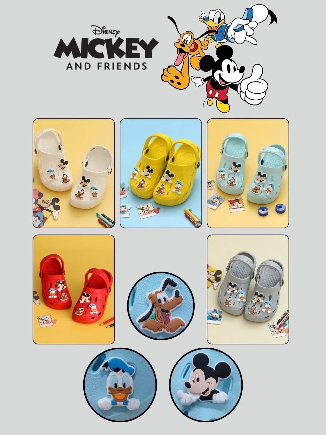 Yellow Bee Boys’ Disney Clogs with Mickey Mouse, Donald Duck & Pluto Charms – White