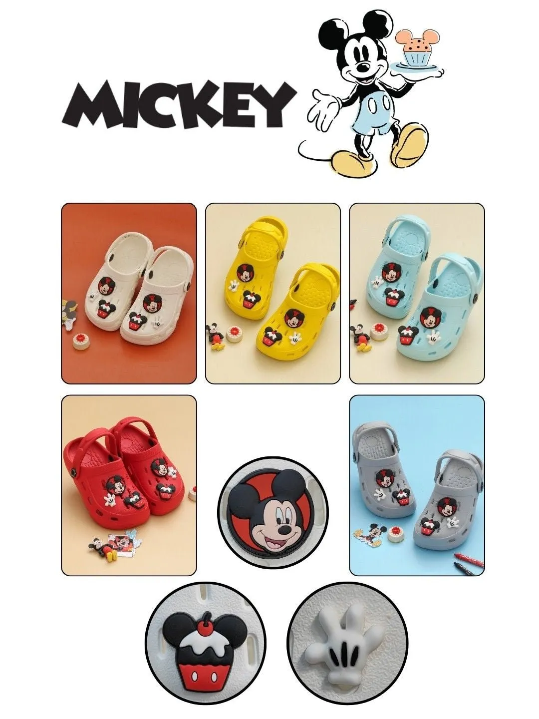 Yellow Bee Boys’ Disney Mickey Mouse Clogs with Gloves & Cupcake Charms – Red