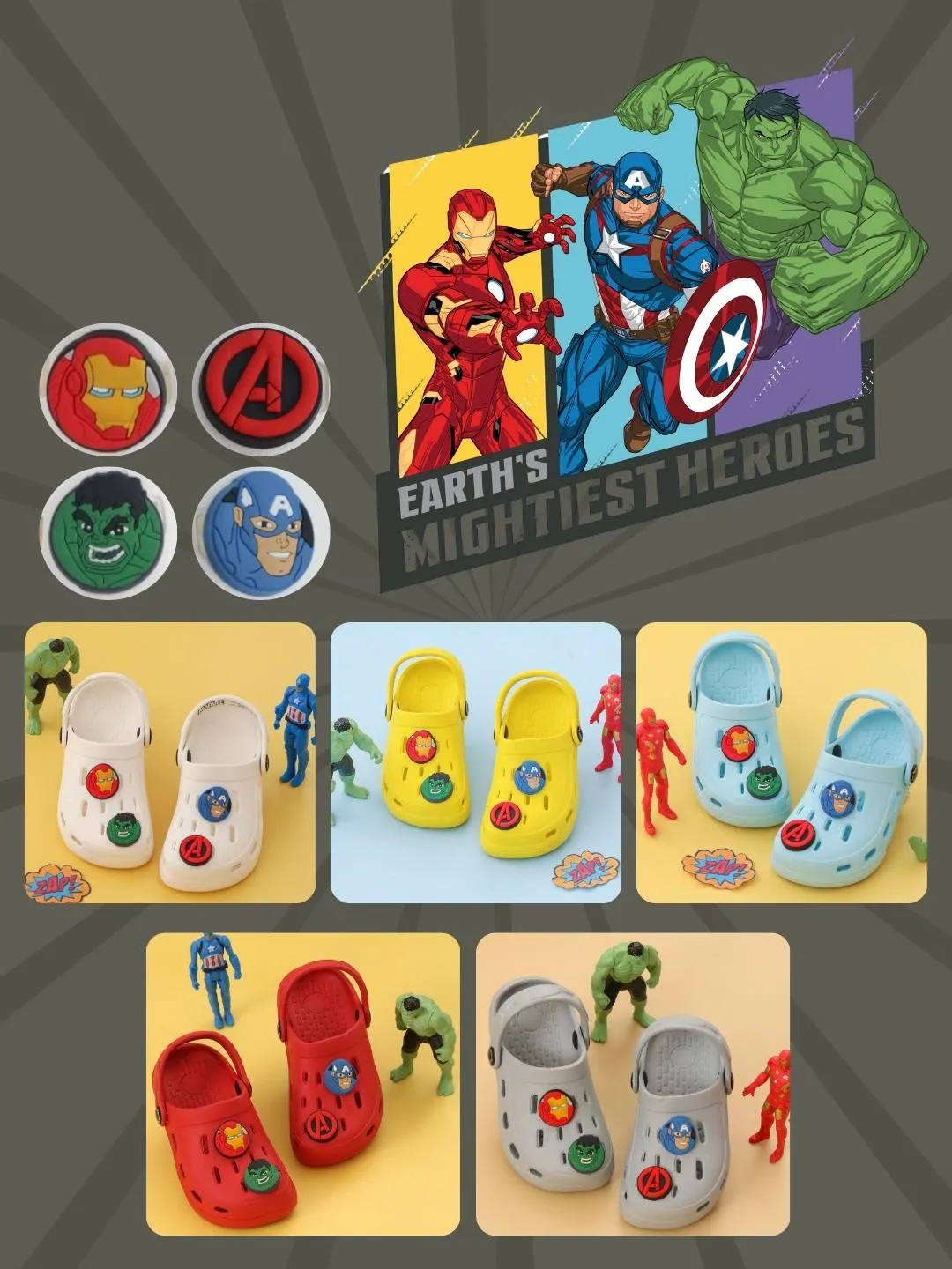 Yellow Bee Boys’ Marvel Avengers Clogs with Iron Man, Hulk & Captain America Charms– Grey