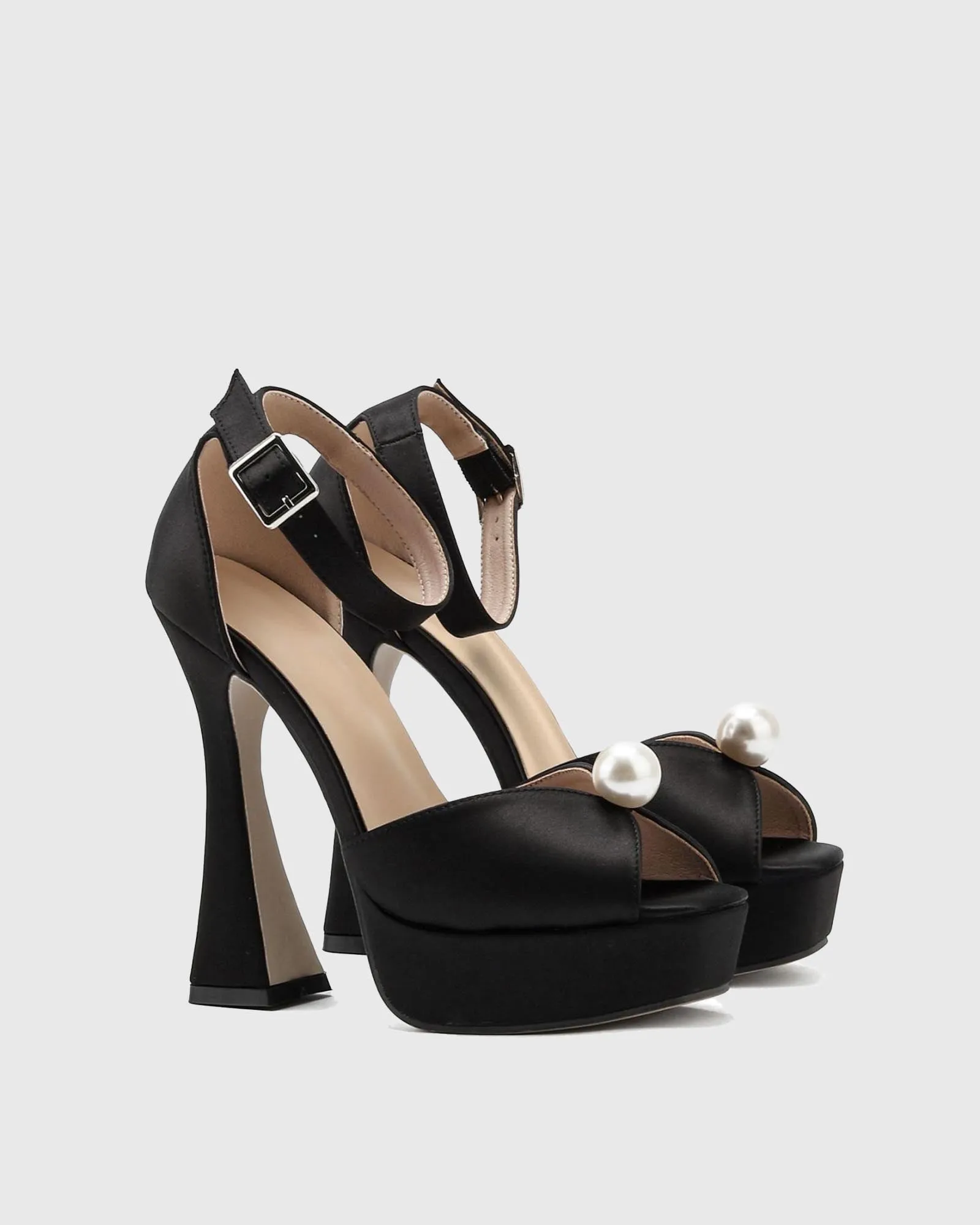 Zahara Pearl Satin Strap Platform Sandals In Black