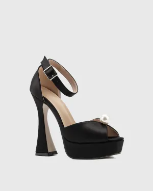 Zahara Pearl Satin Strap Platform Sandals In Black