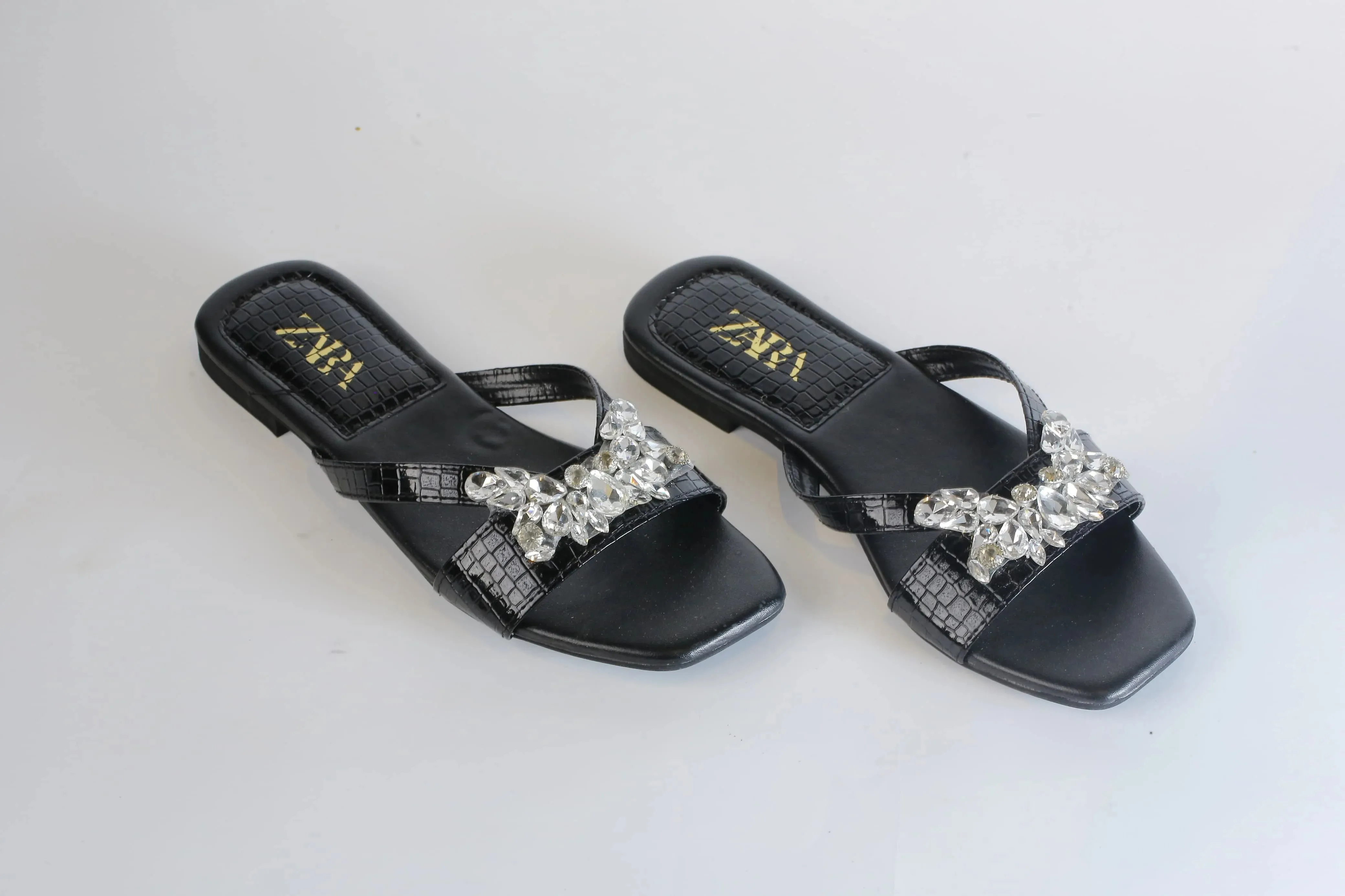 ZARA CRYSTAL FLAT SANDALS - BLACK