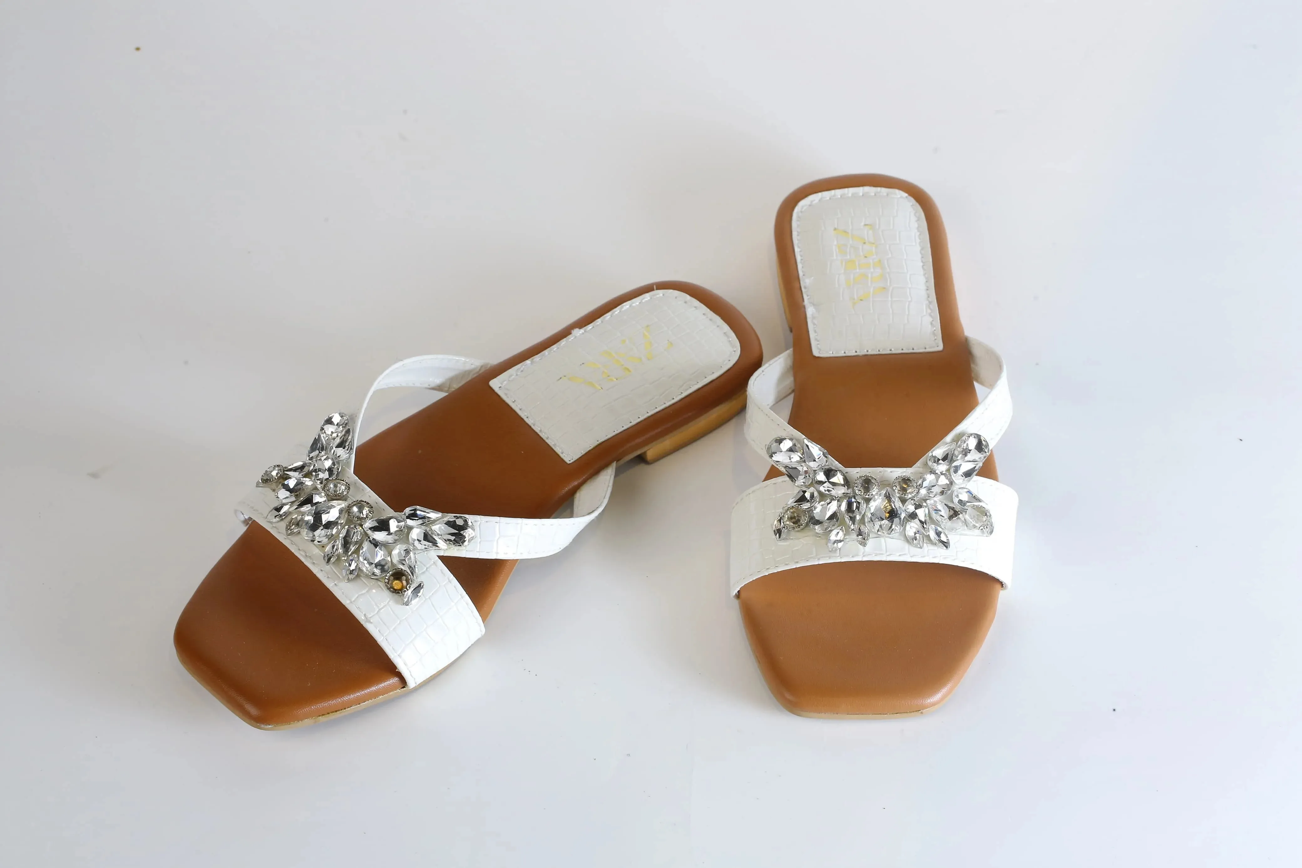 ZARA CRYSTAL FLAT SANDALS - WHITE