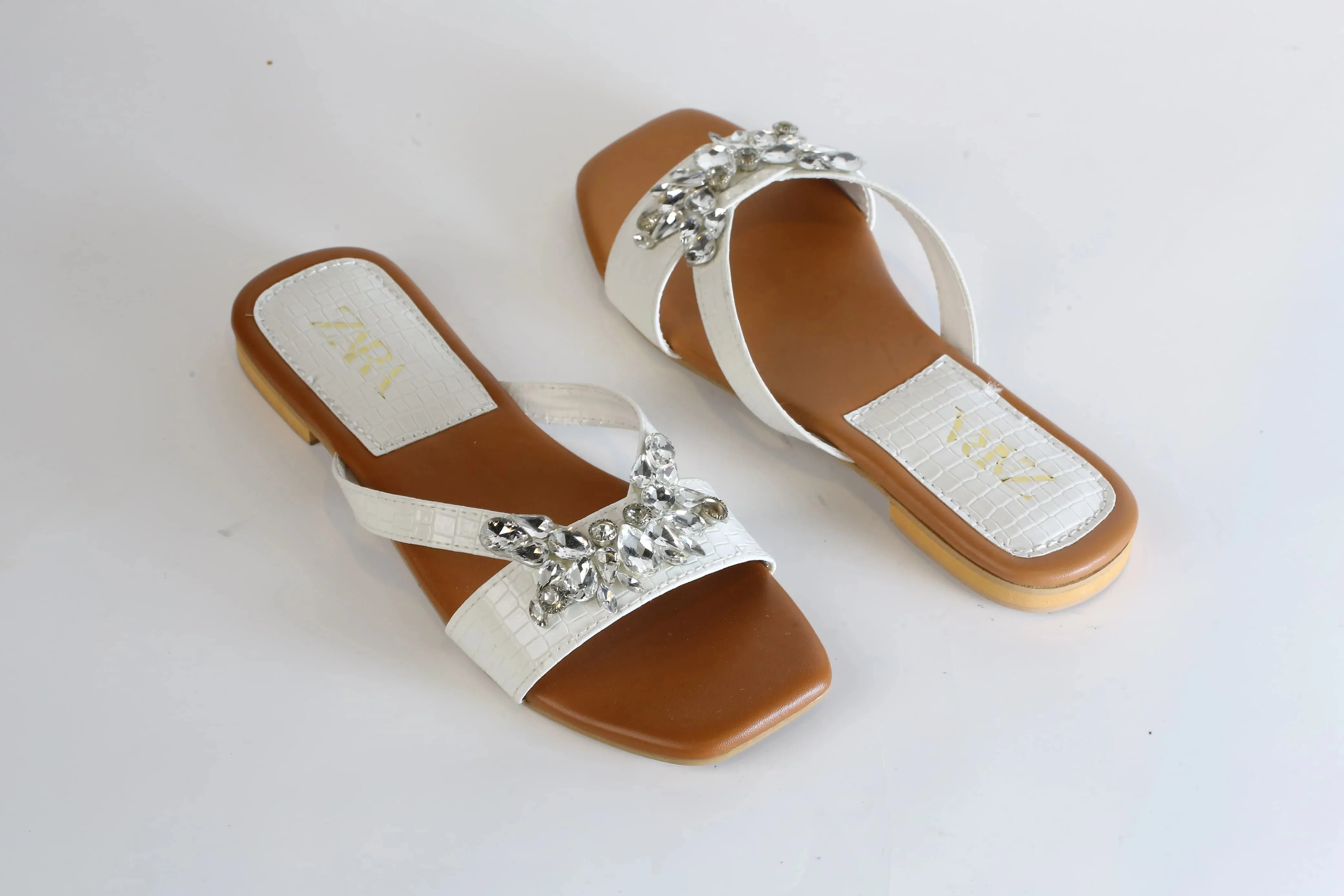 ZARA CRYSTAL FLAT SANDALS - WHITE