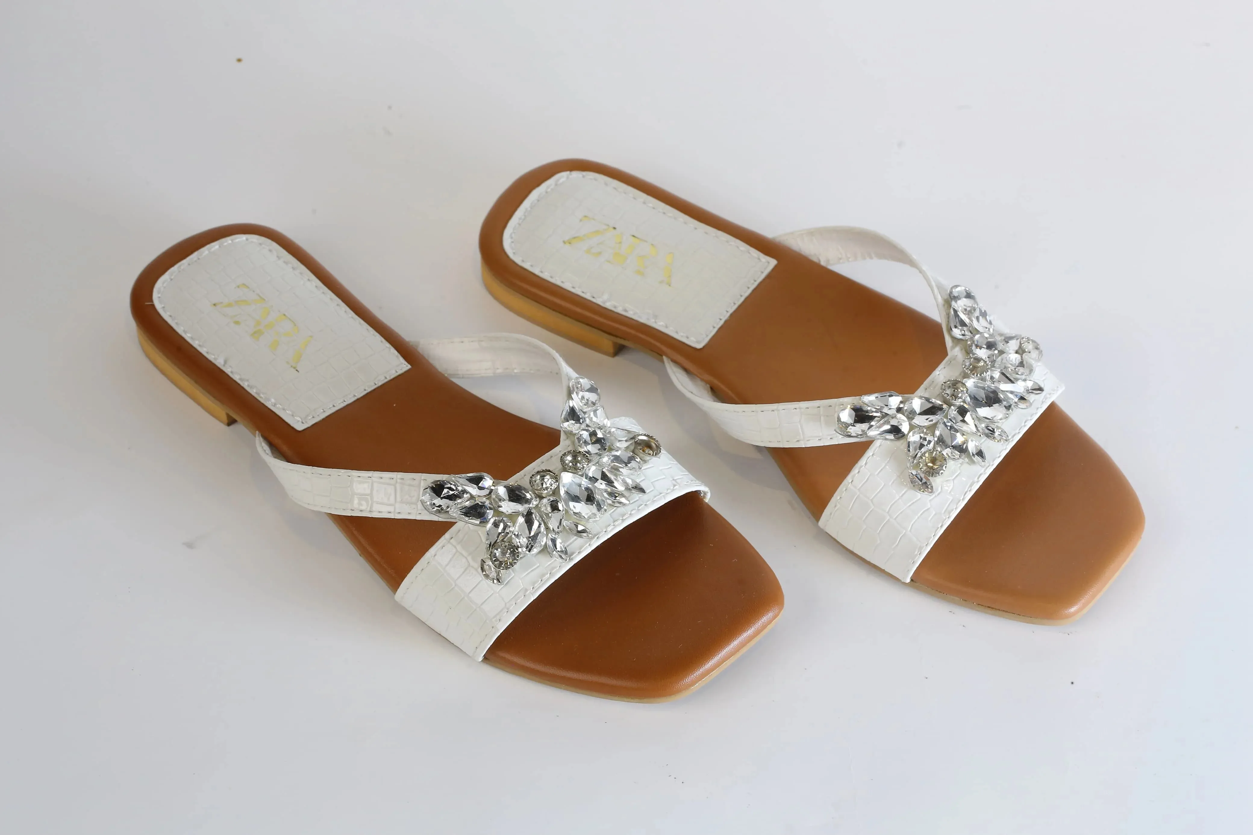 ZARA CRYSTAL FLAT SANDALS - WHITE