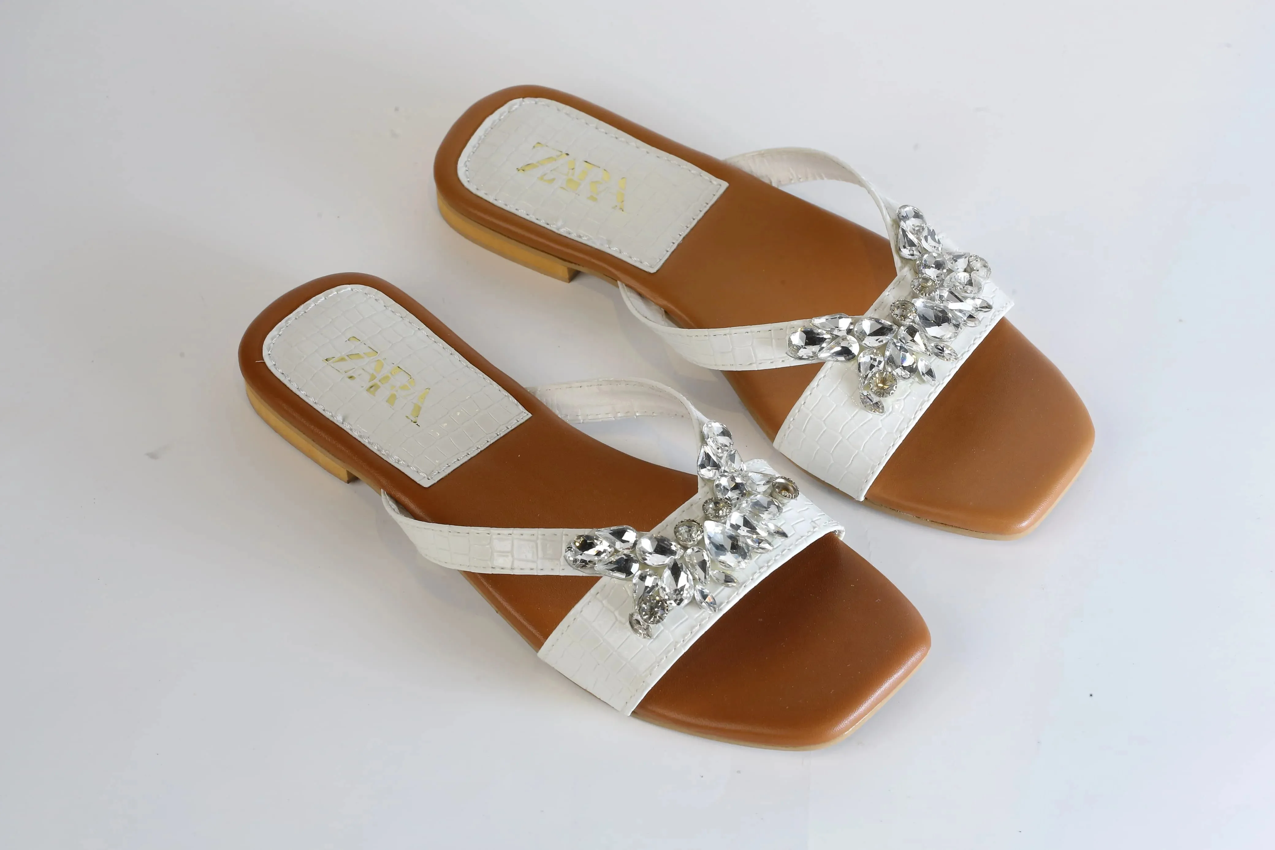 ZARA CRYSTAL FLAT SANDALS - WHITE