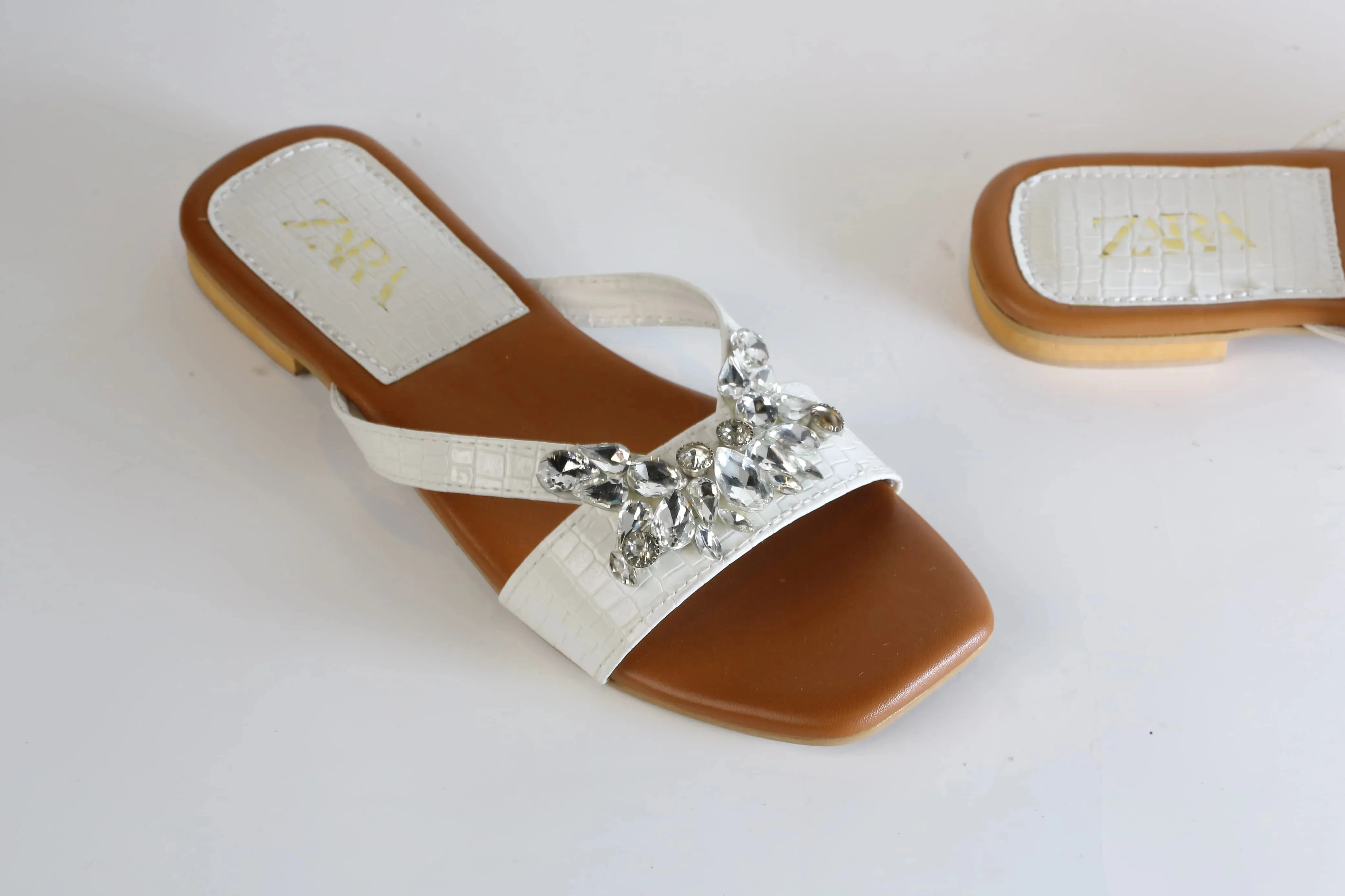 ZARA CRYSTAL FLAT SANDALS - WHITE