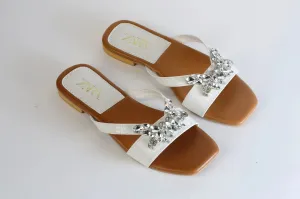ZARA CRYSTAL FLAT SANDALS - WHITE