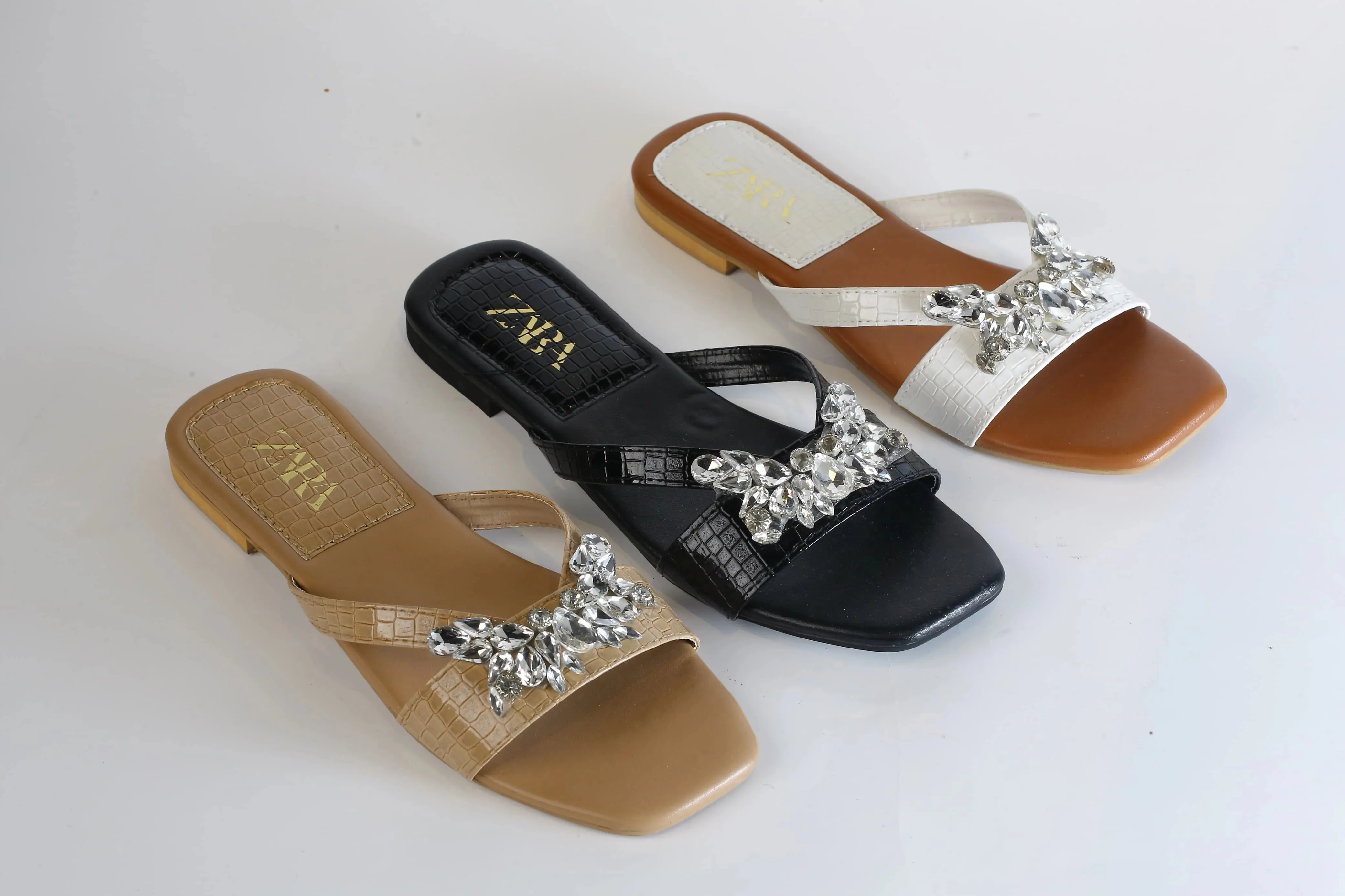 ZARA CRYSTAL FLAT SANDALS - WHITE