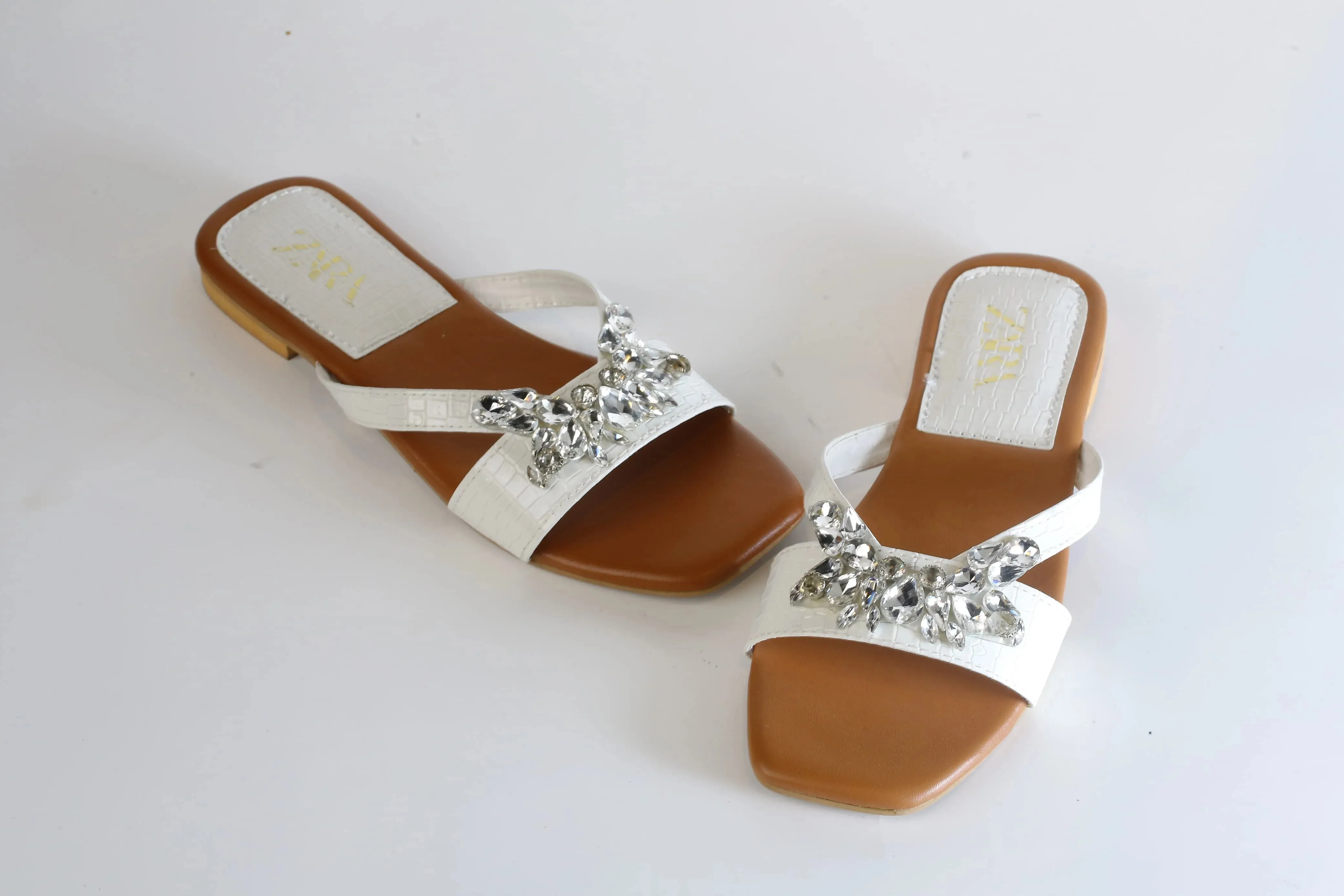 ZARA CRYSTAL FLAT SANDALS - WHITE