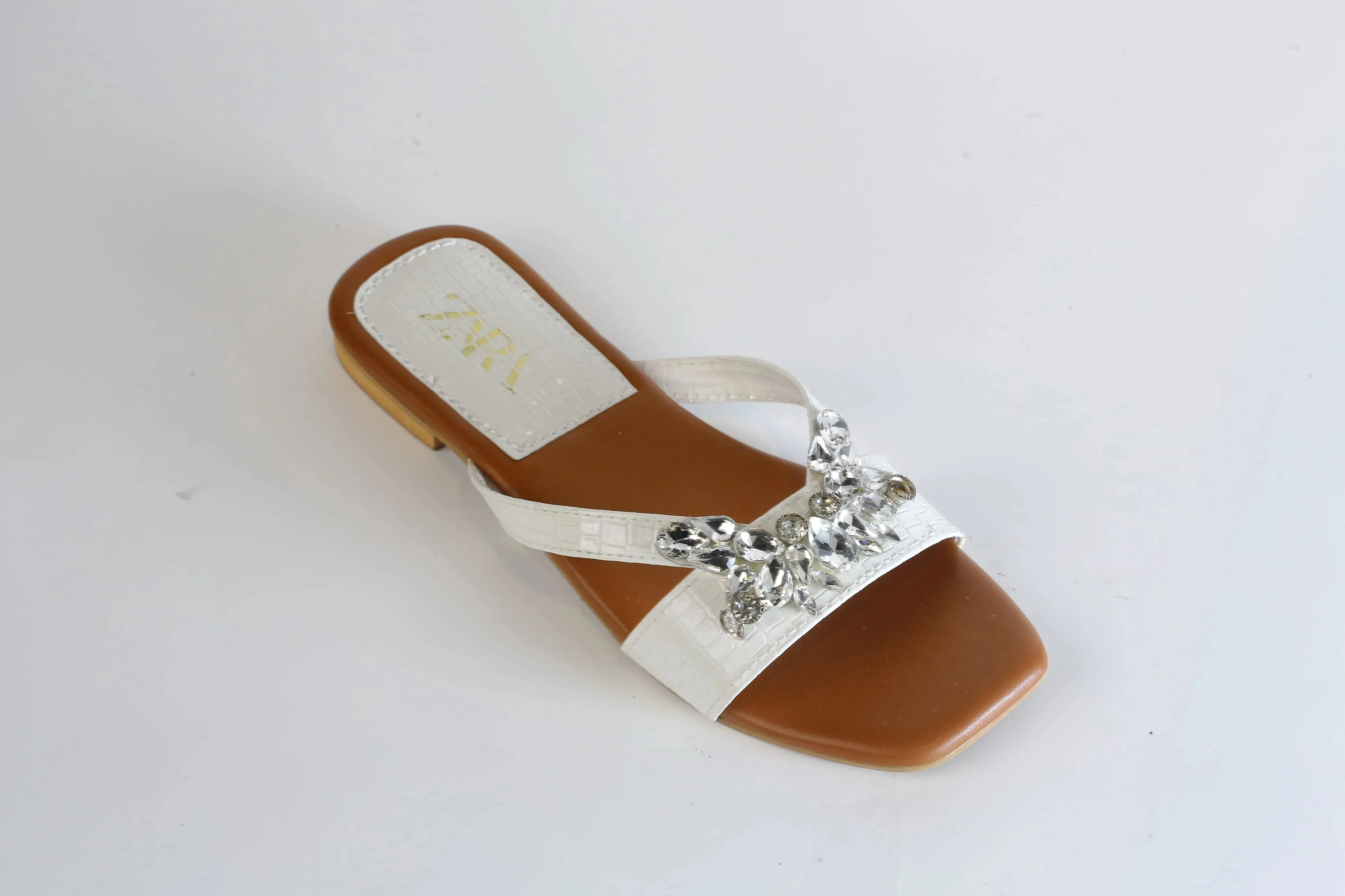 ZARA CRYSTAL FLAT SANDALS - WHITE