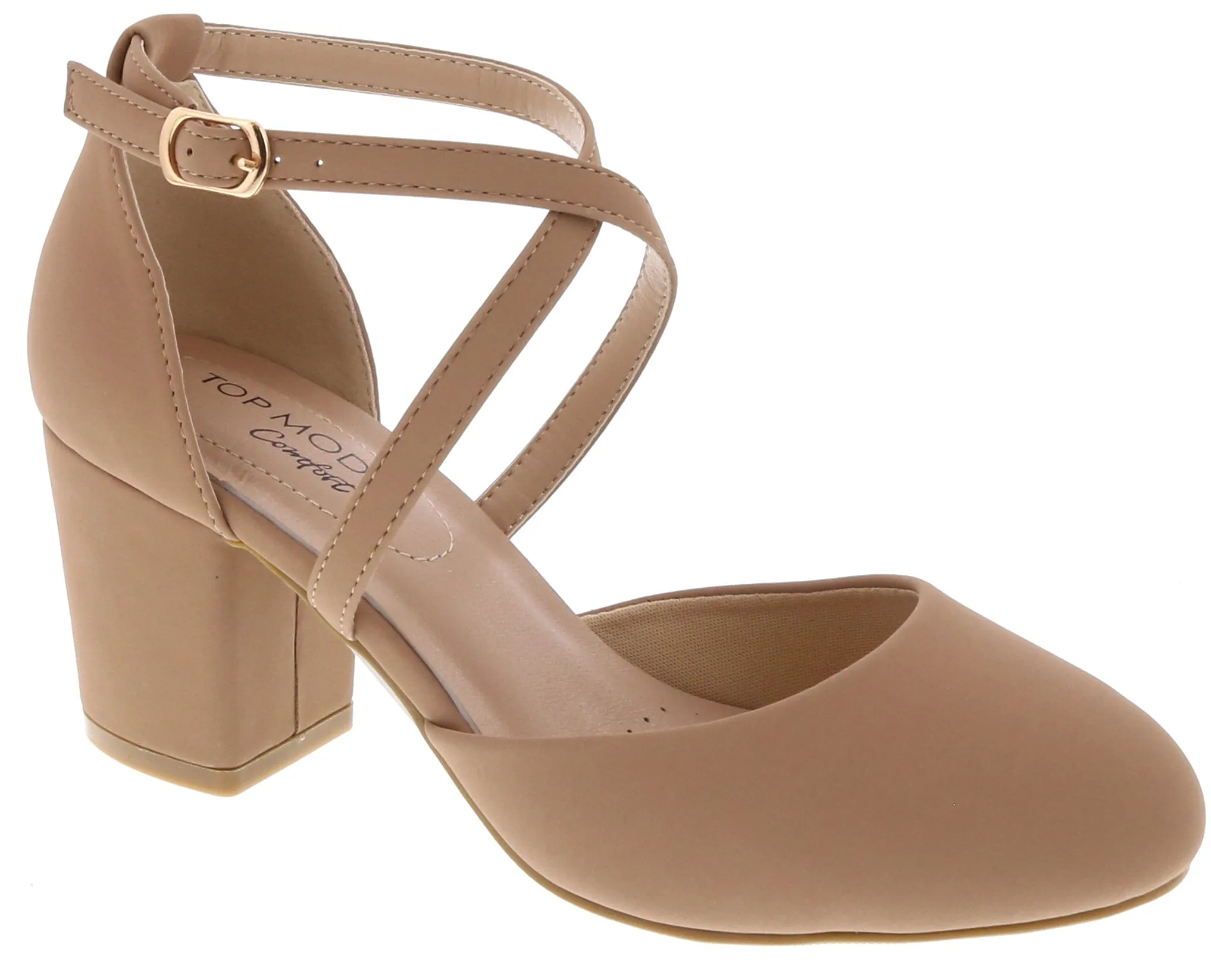 Cross Strap Low Heel Pump (TAN) Iconic Shape