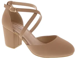 Fast Ship Cross Strap Low Heel Pump (TAN)