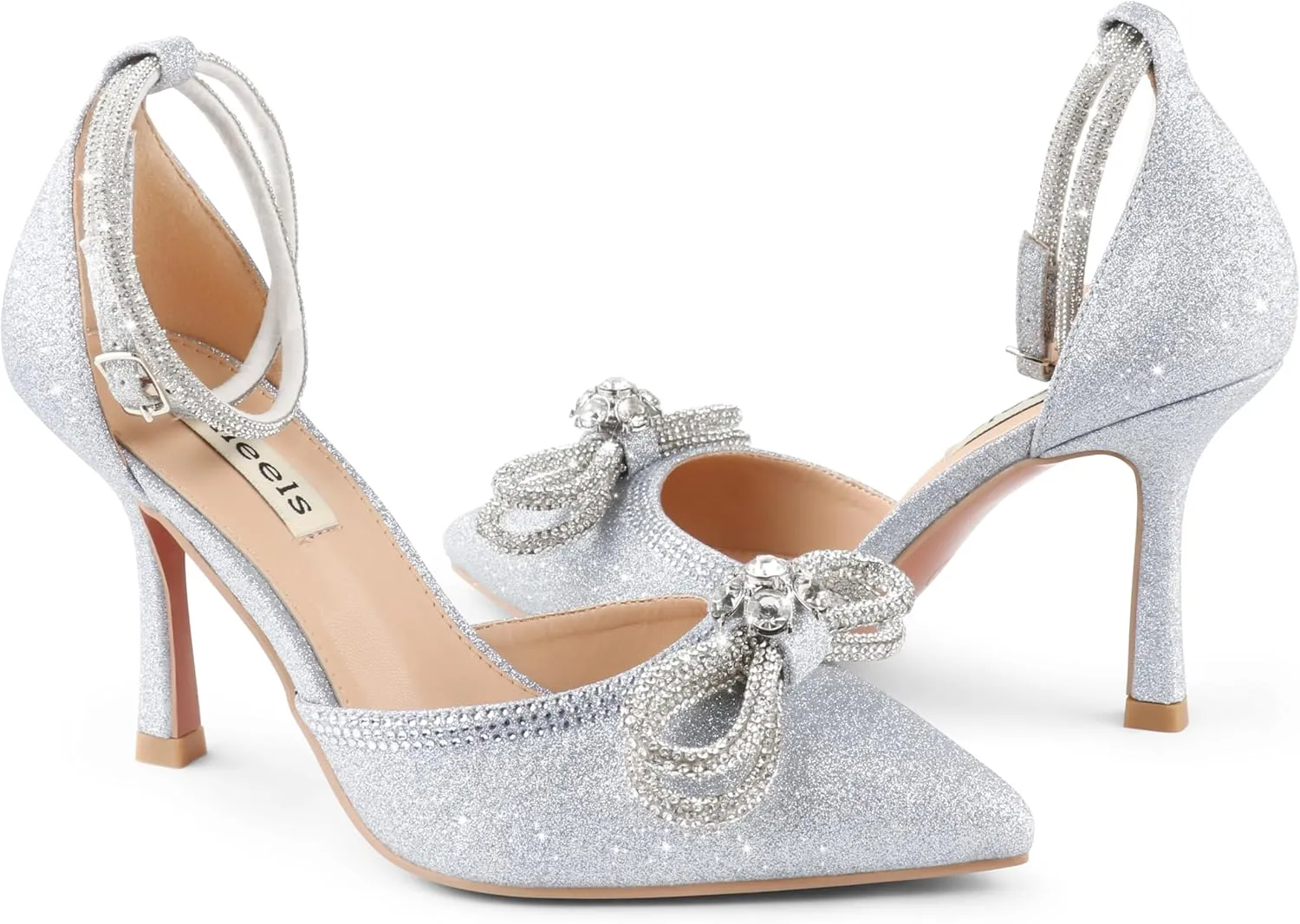 Zzheels Women's Wedding Heels Sparkly Rhinestone Stiletto Pumps Bow Heels Pointed Toe Ankle Strap High Heels Bridal Party Dress Shoes