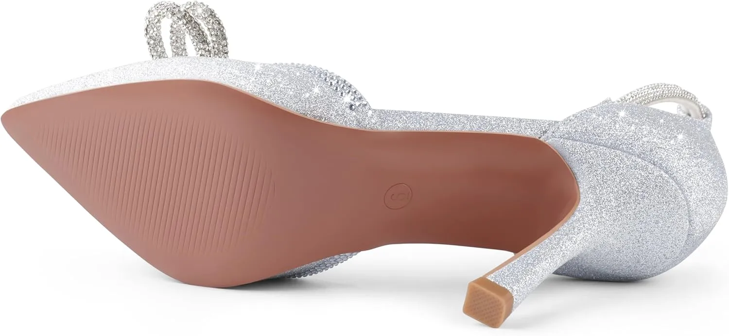 Zzheels Women's Wedding Heels Sparkly Rhinestone Stiletto Pumps Bow Heels Pointed Toe Ankle Strap High Heels Bridal Party Dress Shoes